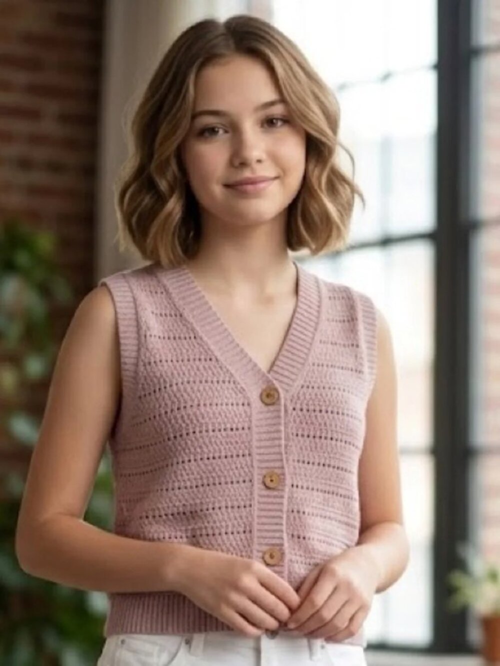 Cat & Jack Girls Pink Button Front Knit Sweater Vest Tank top Size XL NWT